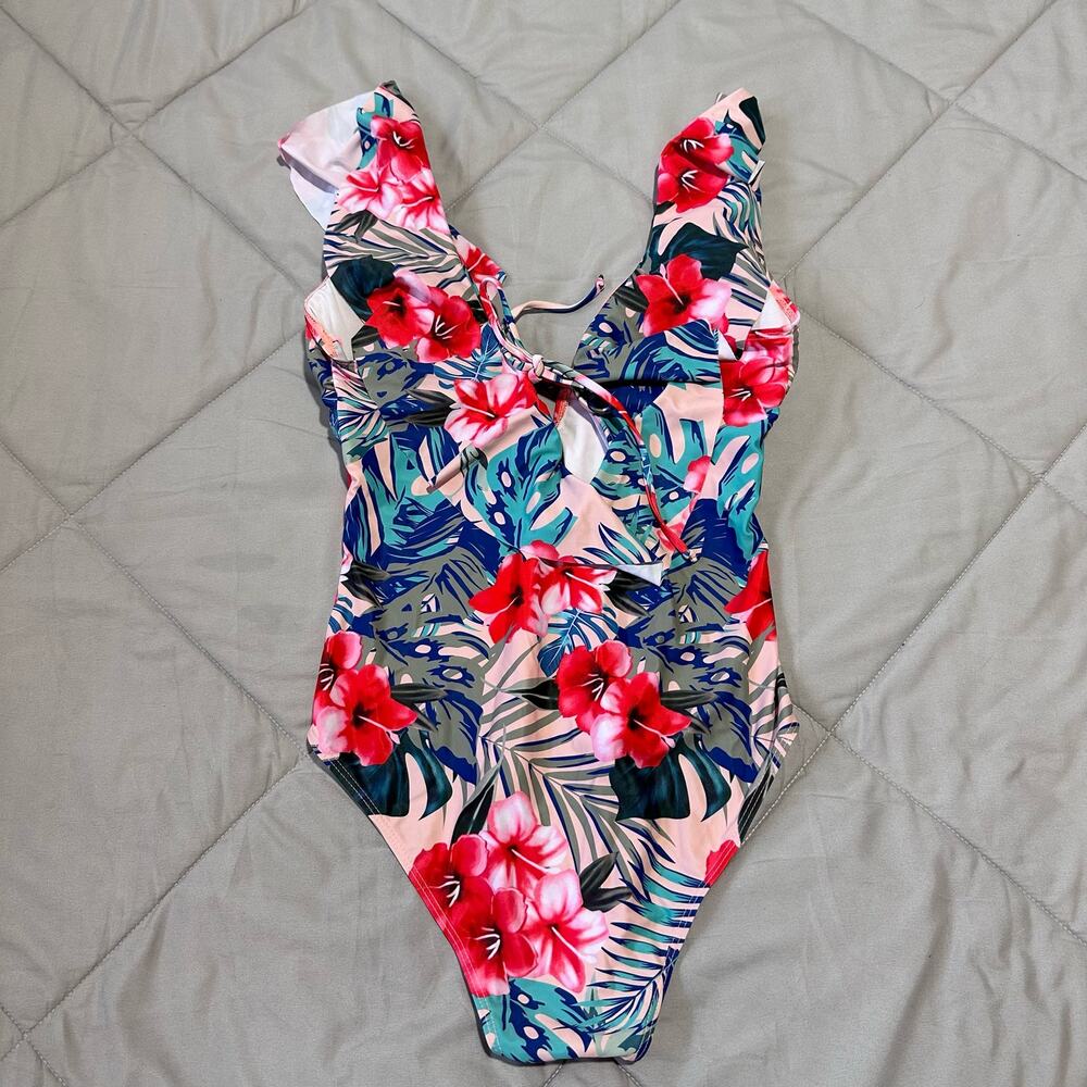 Women One Piece Swimsuit V-Neck Ruffle Bathing Suit Large - Picture 7 of 7